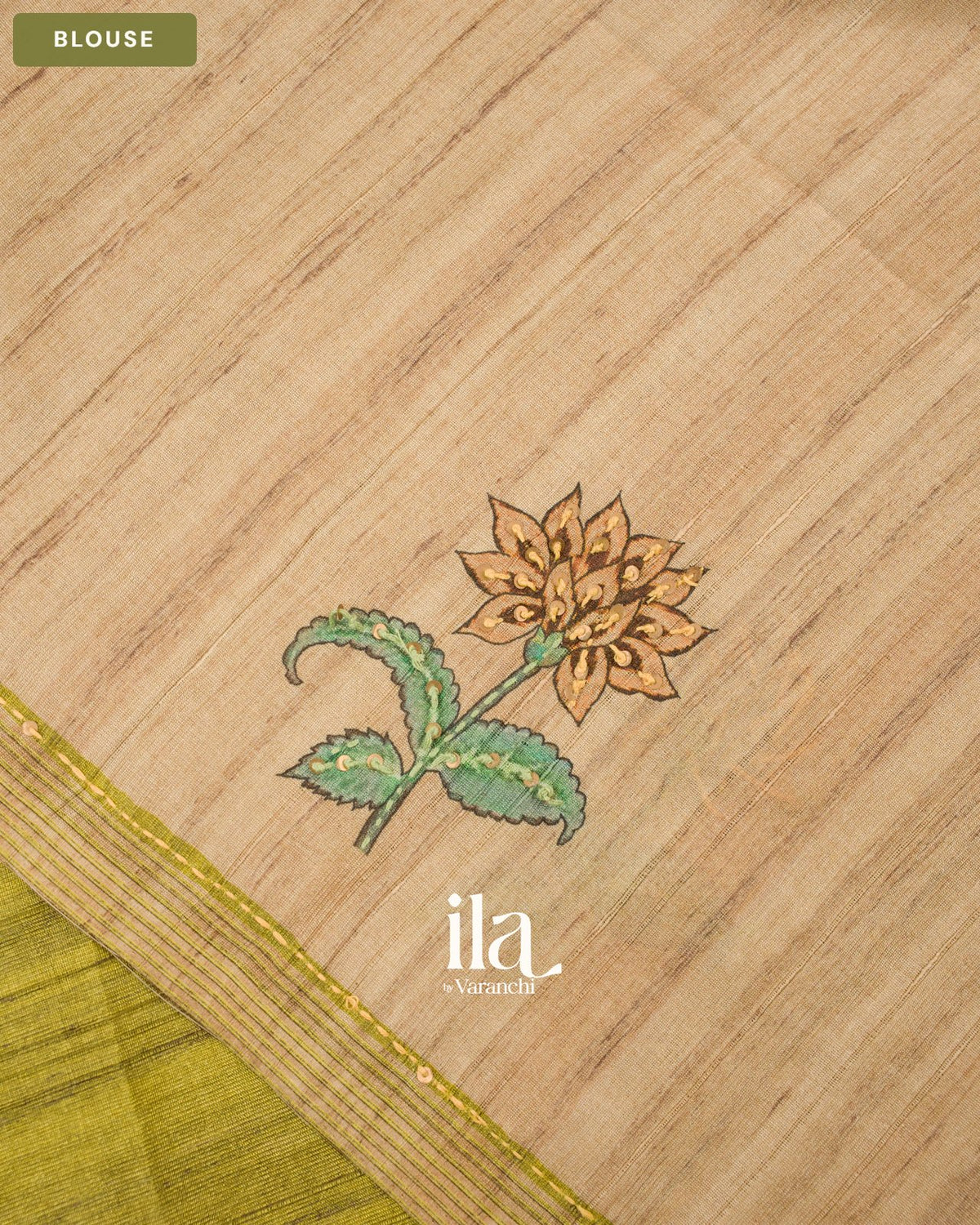 Olive Green Floral Embroidered Semi Tussar Saree — Blouse
