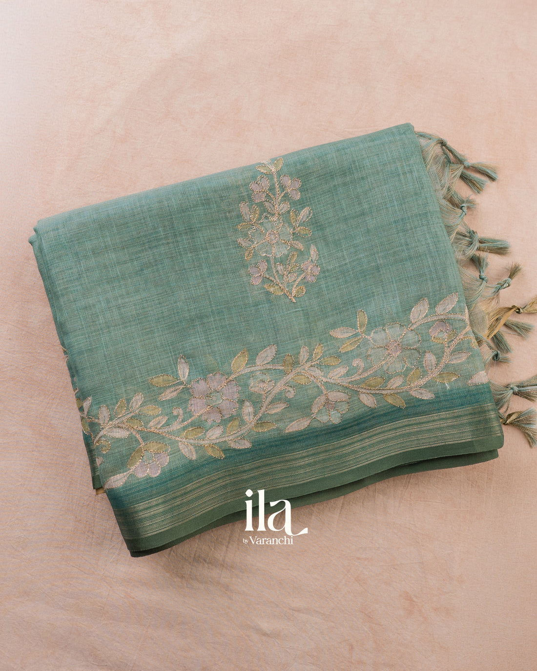 Powder Blue Floral Jaal Aari Work Semi Linen Tissue Saree — Folded