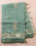 Powder Blue Floral Jaal Aari Work Semi Linen Tissue Saree — Full Saree