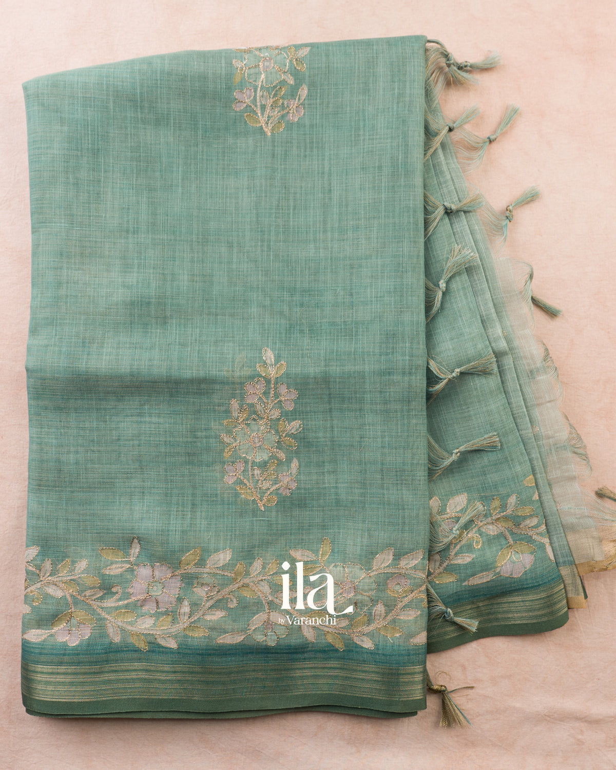 Powder Blue Floral Jaal Aari Work Semi Linen Tissue Saree — Full Saree