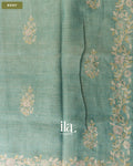 Powder Blue Floral Jaal Aari Work Semi Linen Tissue Saree — Body