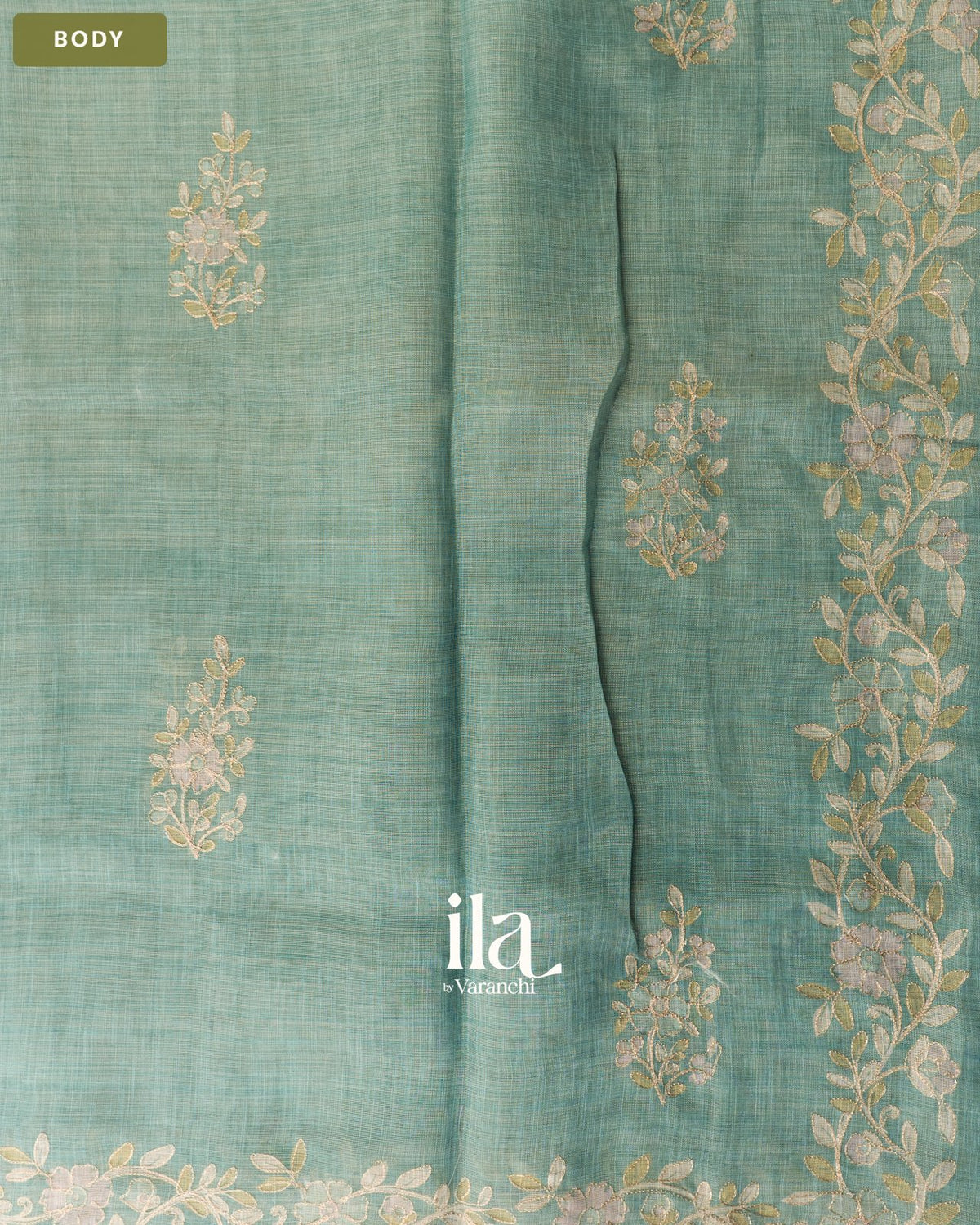 Powder Blue Floral Jaal Aari Work Semi Linen Tissue Saree — Body