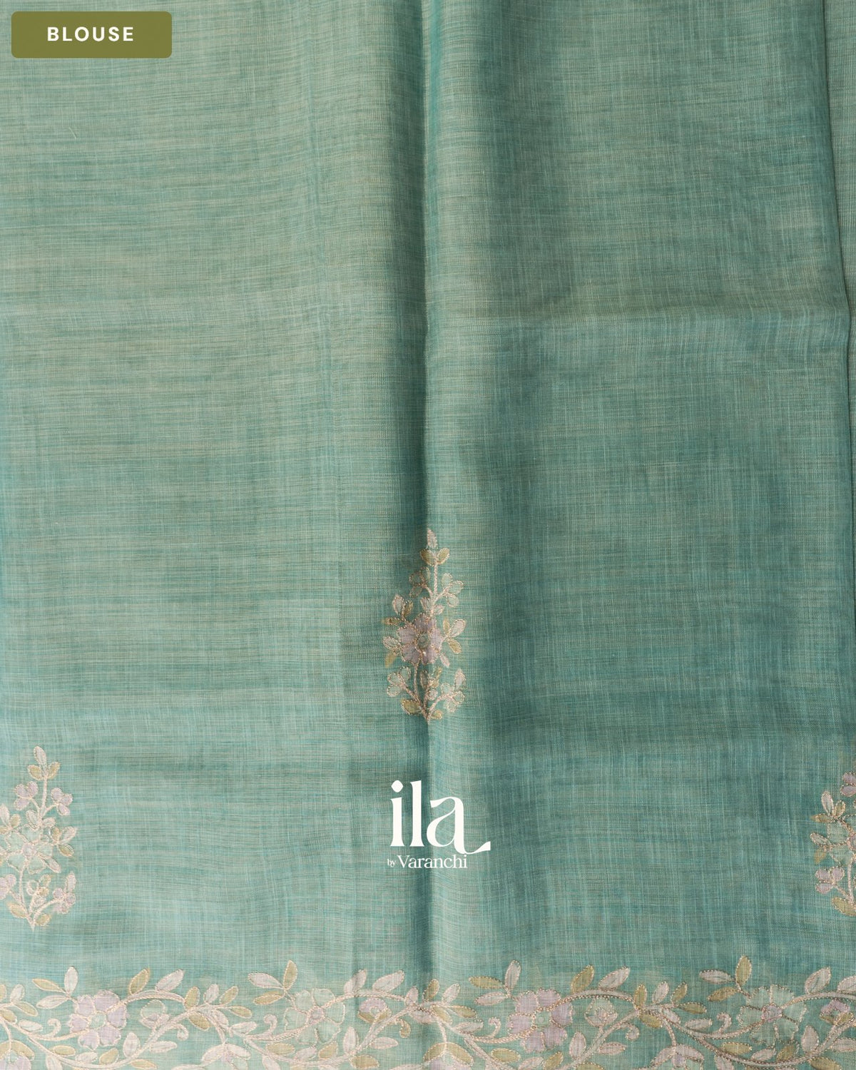Powder Blue Floral Jaal Aari Work Semi Linen Tissue Saree — Blouse