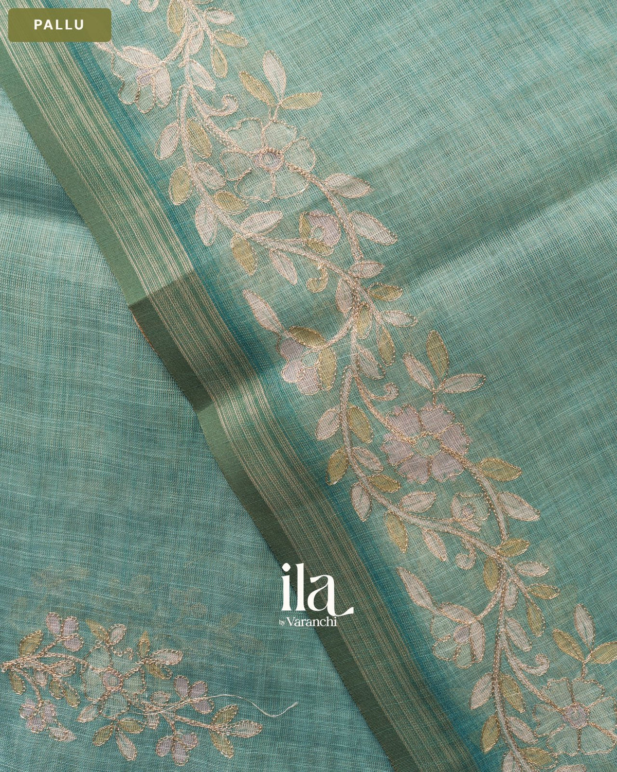 Powder Blue Floral Jaal Aari Work Semi Linen Tissue Saree — Pallu