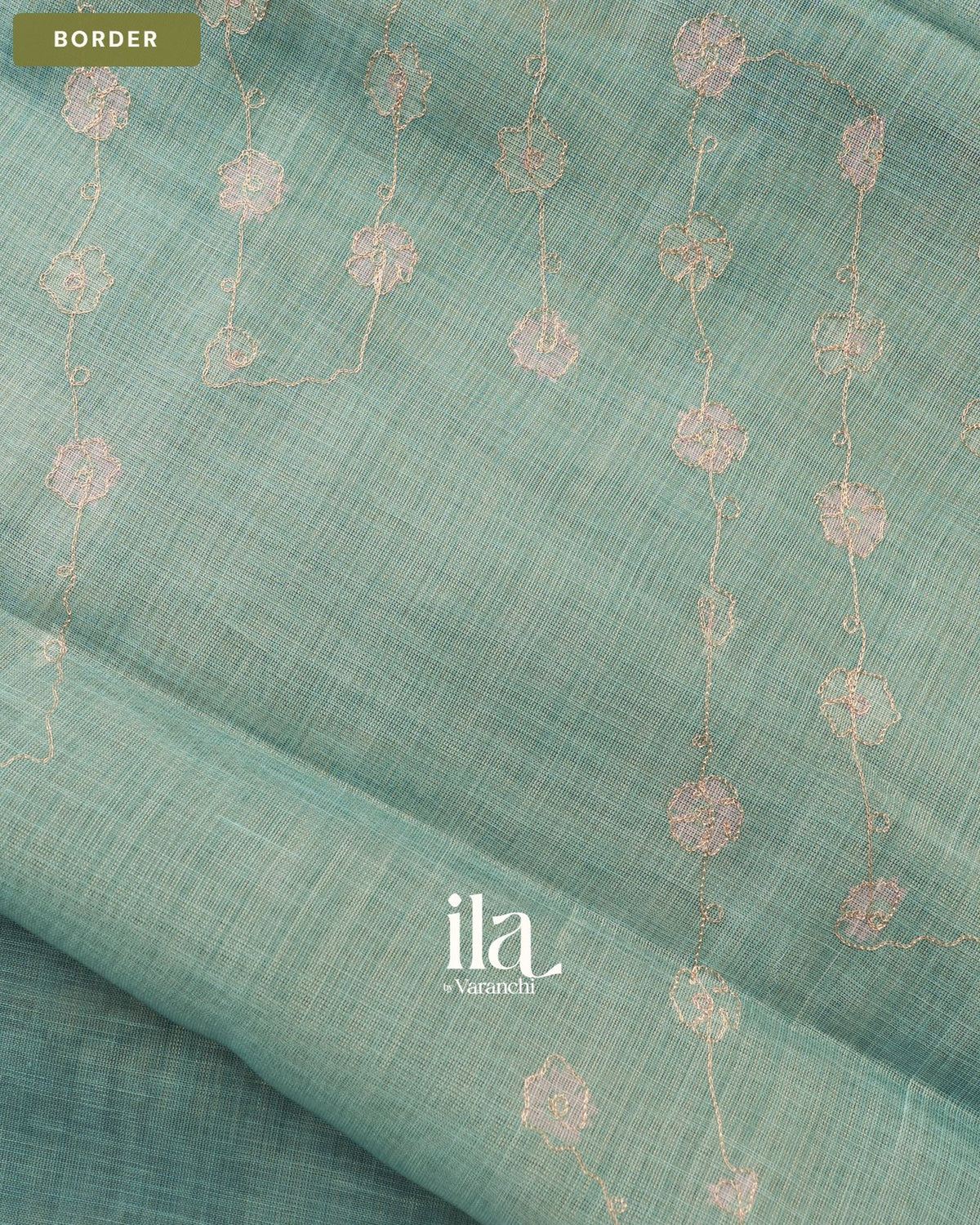 Powder Blue Floral Jaal Aari Work Semi Linen Tissue Saree — Border