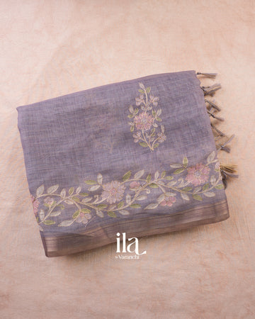 Muted Lilac Floral Jaal Aari Work Semi Linen Tissue Saree — Folded