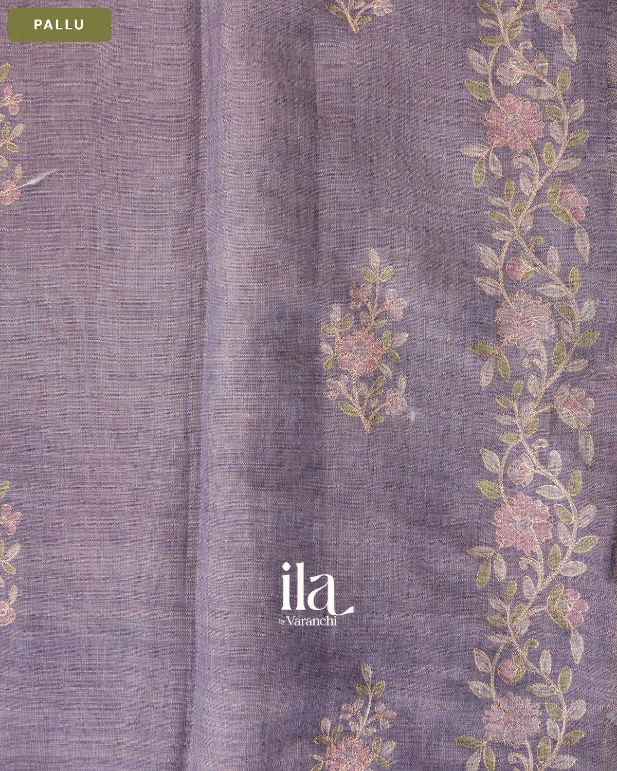 Muted Lilac Floral Jaal Aari Work Semi Linen Tissue Saree — Pallu