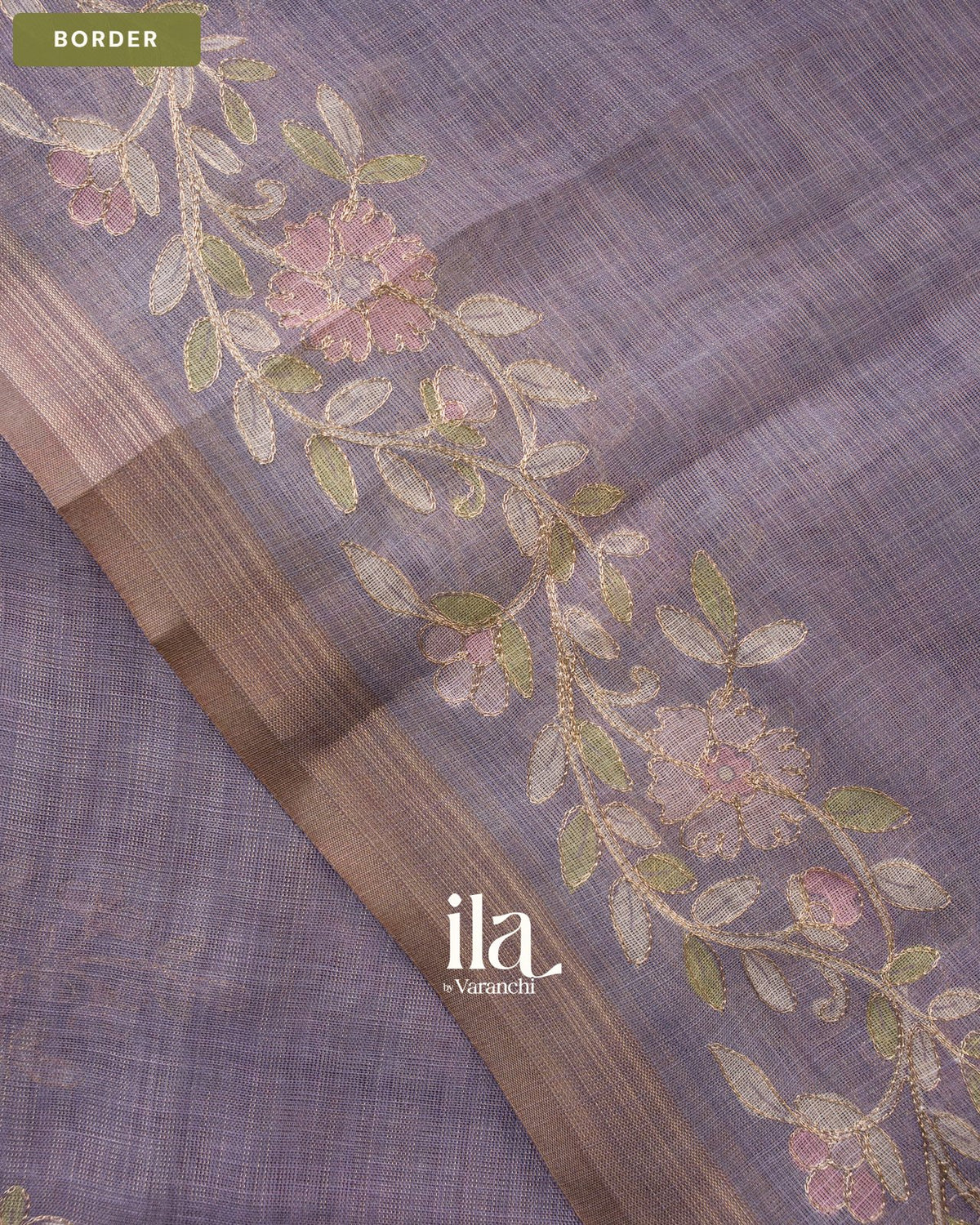 Muted Lilac Floral Jaal Aari Work Semi Linen Tissue Saree — Border
