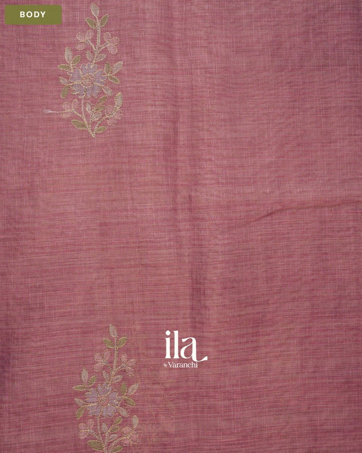 Dusty Rose Floral Aari Work Semi Linen Tissue Saree — Body