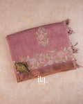 Dusty Rose Floral Aari Work Semi Linen Tissue Saree — Folded