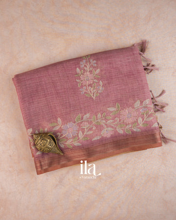 Dusty Rose Floral Aari Work Semi Linen Tissue Saree — Folded