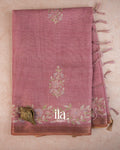 Dusty Rose Floral Aari Work Semi Linen Tissue Saree — Full Saree