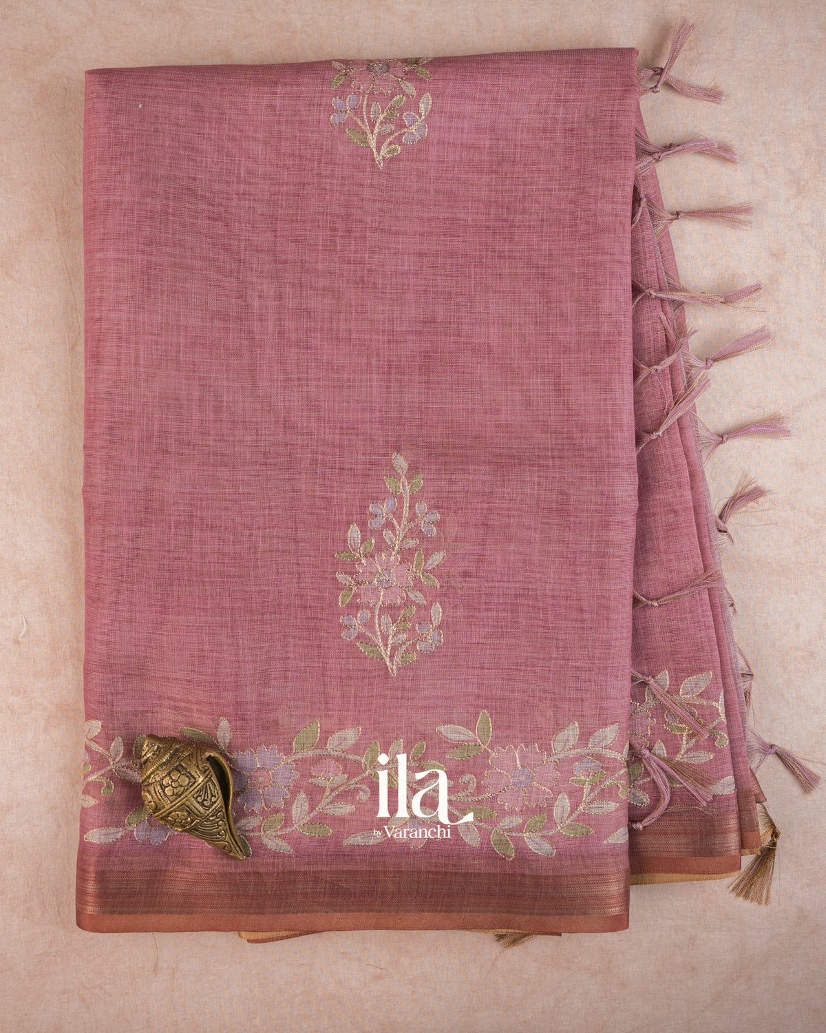 Dusty Rose Floral Aari Work Semi Linen Tissue Saree — Full Saree