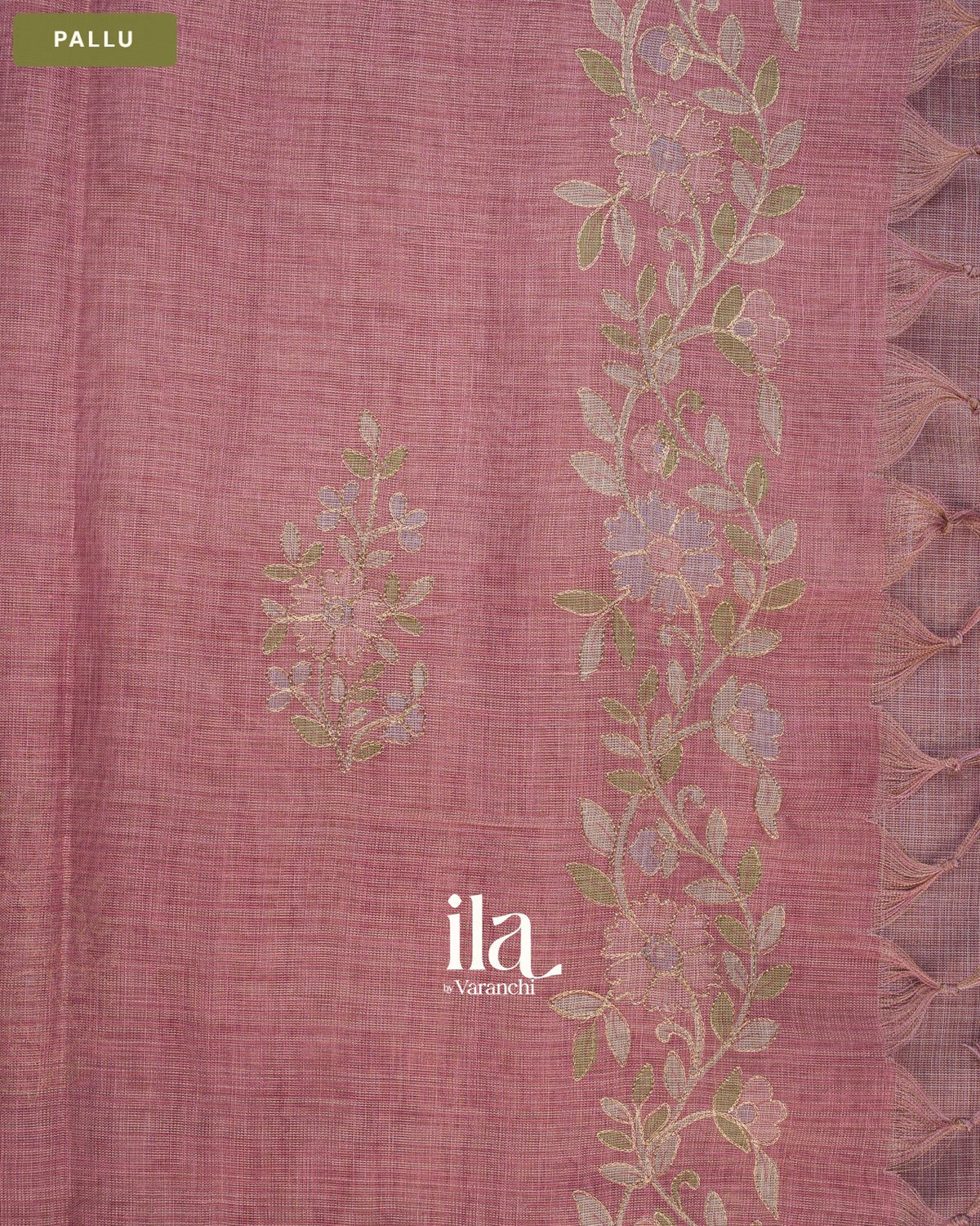 Dusty Rose Floral Aari Work Semi Linen Tissue Saree — Pallu