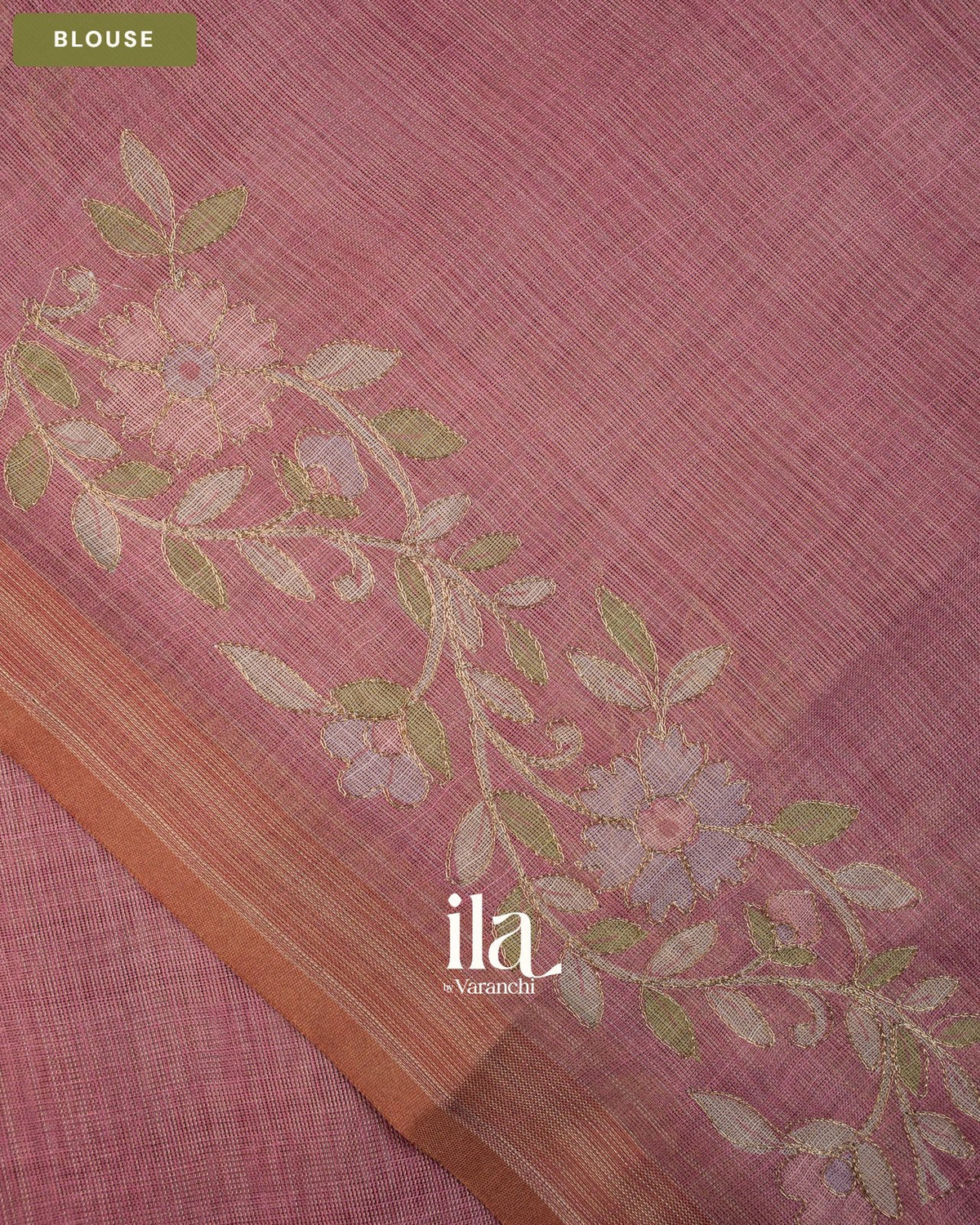 Dusty Rose Floral Aari Work Semi Linen Tissue Saree — Blouse