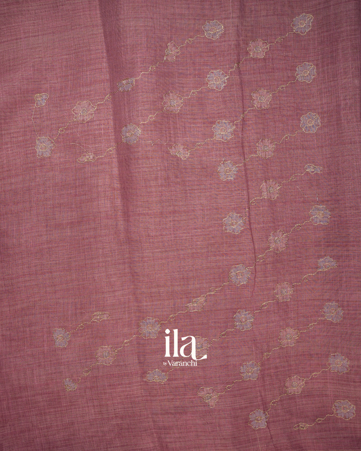 Dusty Rose Floral Aari Work Semi Linen Tissue Saree