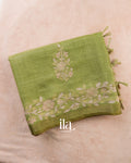 Sage Green Floral Jaal Aari Work Semi Linen Tissue Saree — Folded