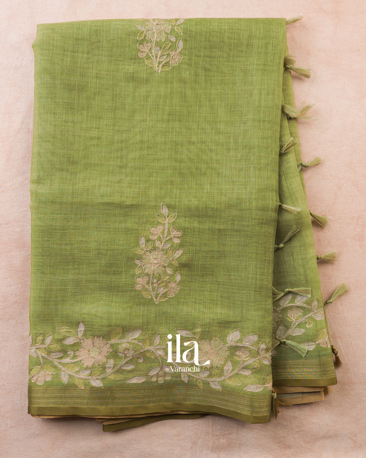Sage Green Floral Jaal Aari Work Semi Linen Tissue Saree — Full Saree