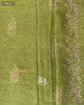 Sage Green Floral Jaal Aari Work Semi Linen Tissue Saree — Pallu