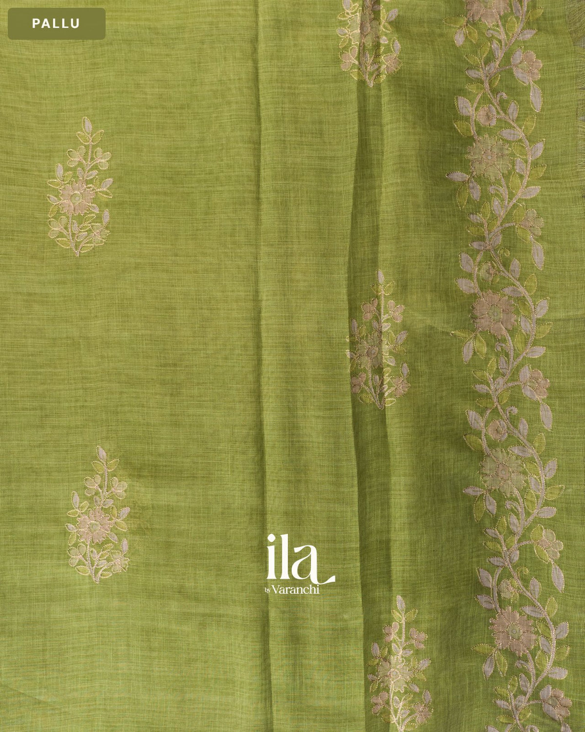 Sage Green Floral Jaal Aari Work Semi Linen Tissue Saree — Pallu