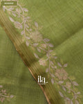 Sage Green Floral Jaal Aari Work Semi Linen Tissue Saree — Border