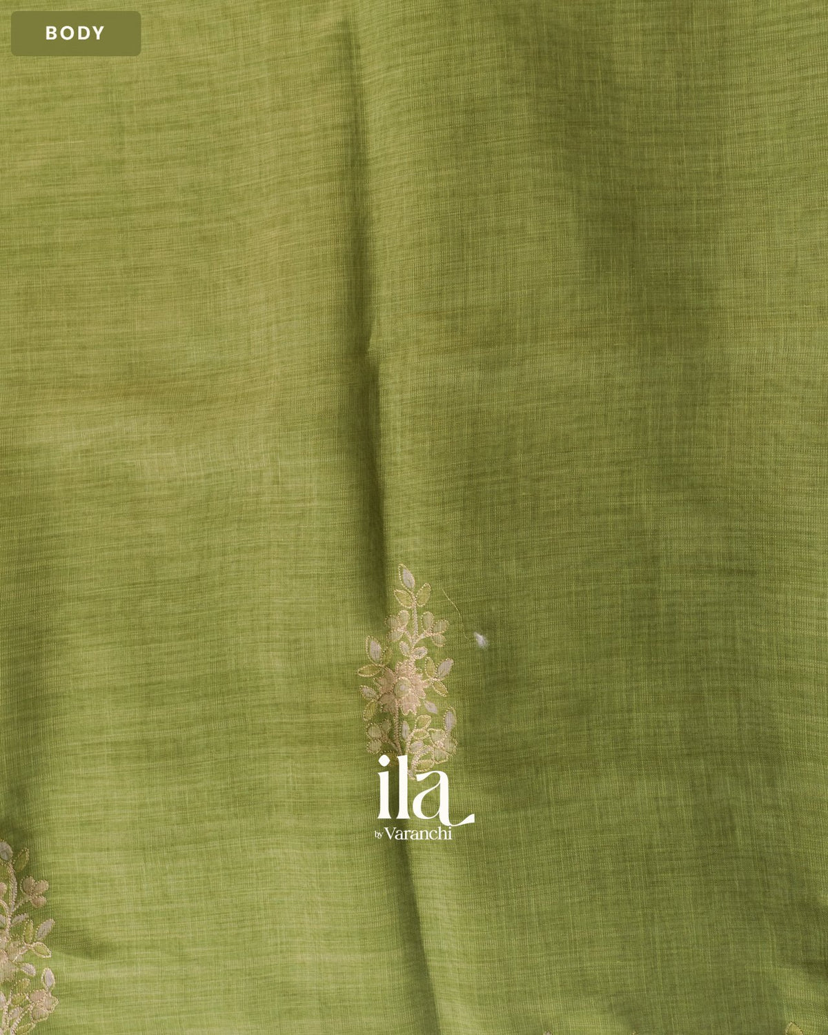 Sage Green Floral Jaal Aari Work Semi Linen Tissue Saree — Body
