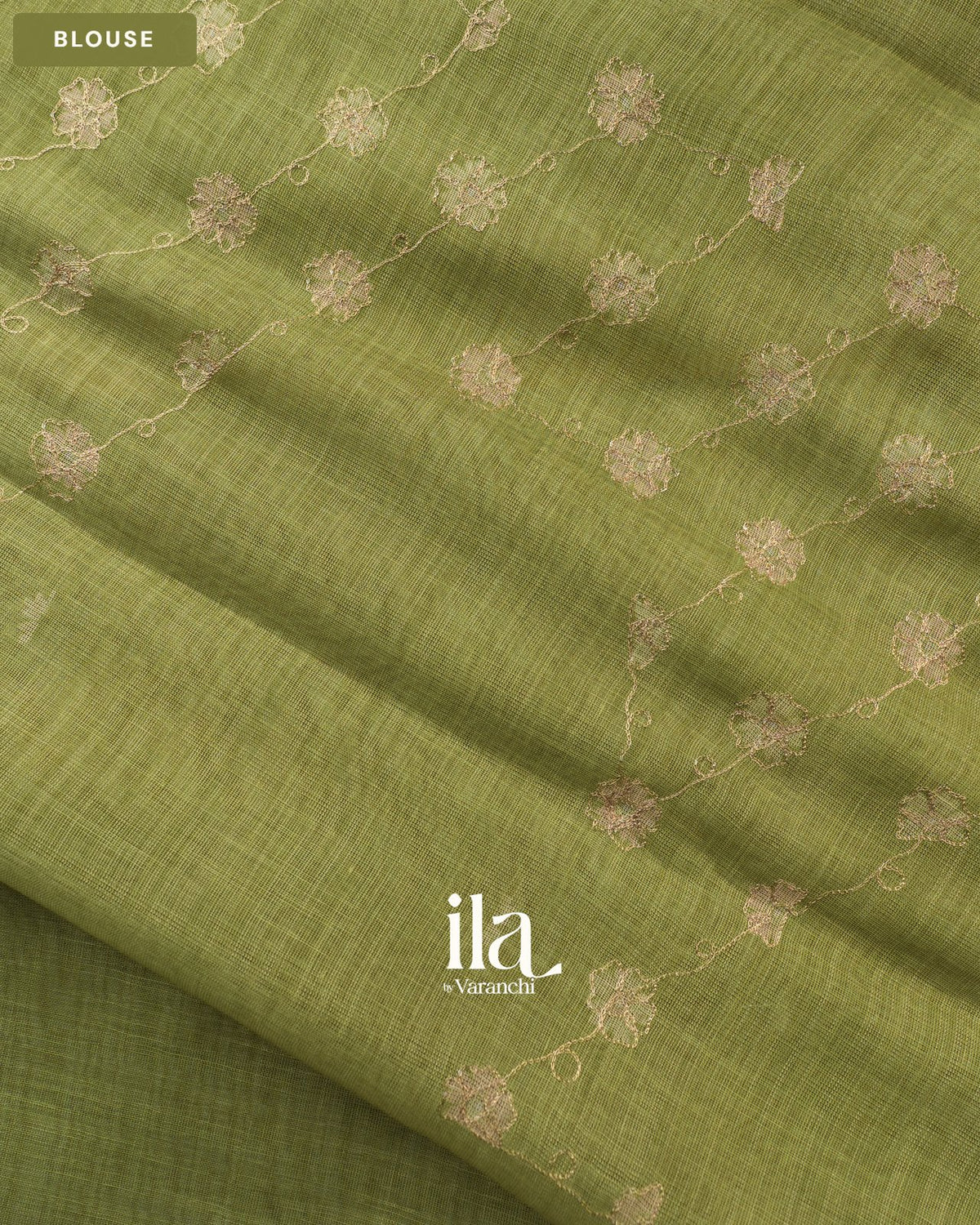 Sage Green Floral Jaal Aari Work Semi Linen Tissue Saree — Blouse