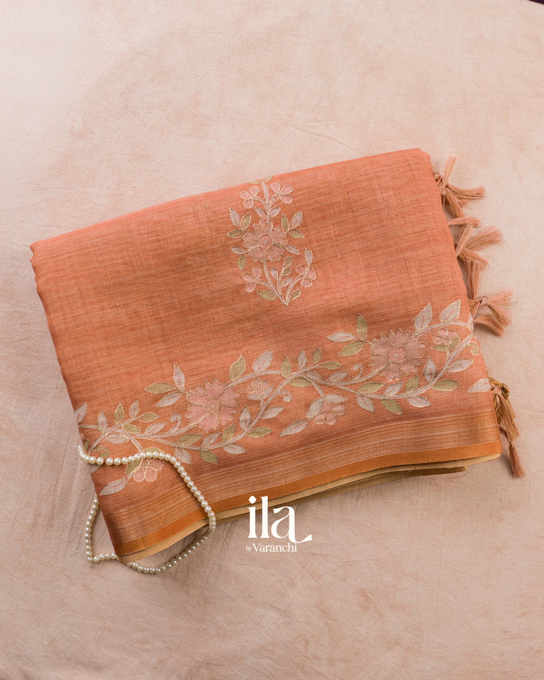 Rust Orange Floral Jaal Aari Work Semi Linen Tissue Saree — Folded