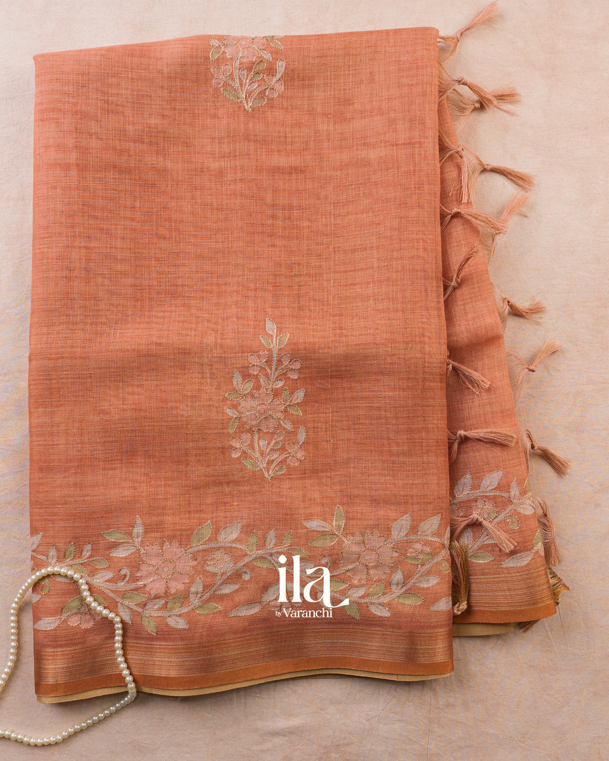 Rust Orange Floral Jaal Aari Work Semi Linen Tissue Saree — Full Saree