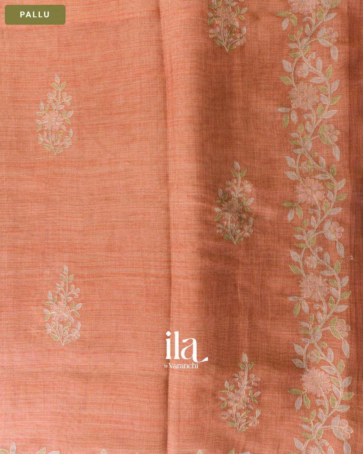 Rust Orange Floral Jaal Aari Work Semi Linen Tissue Saree — Pallu