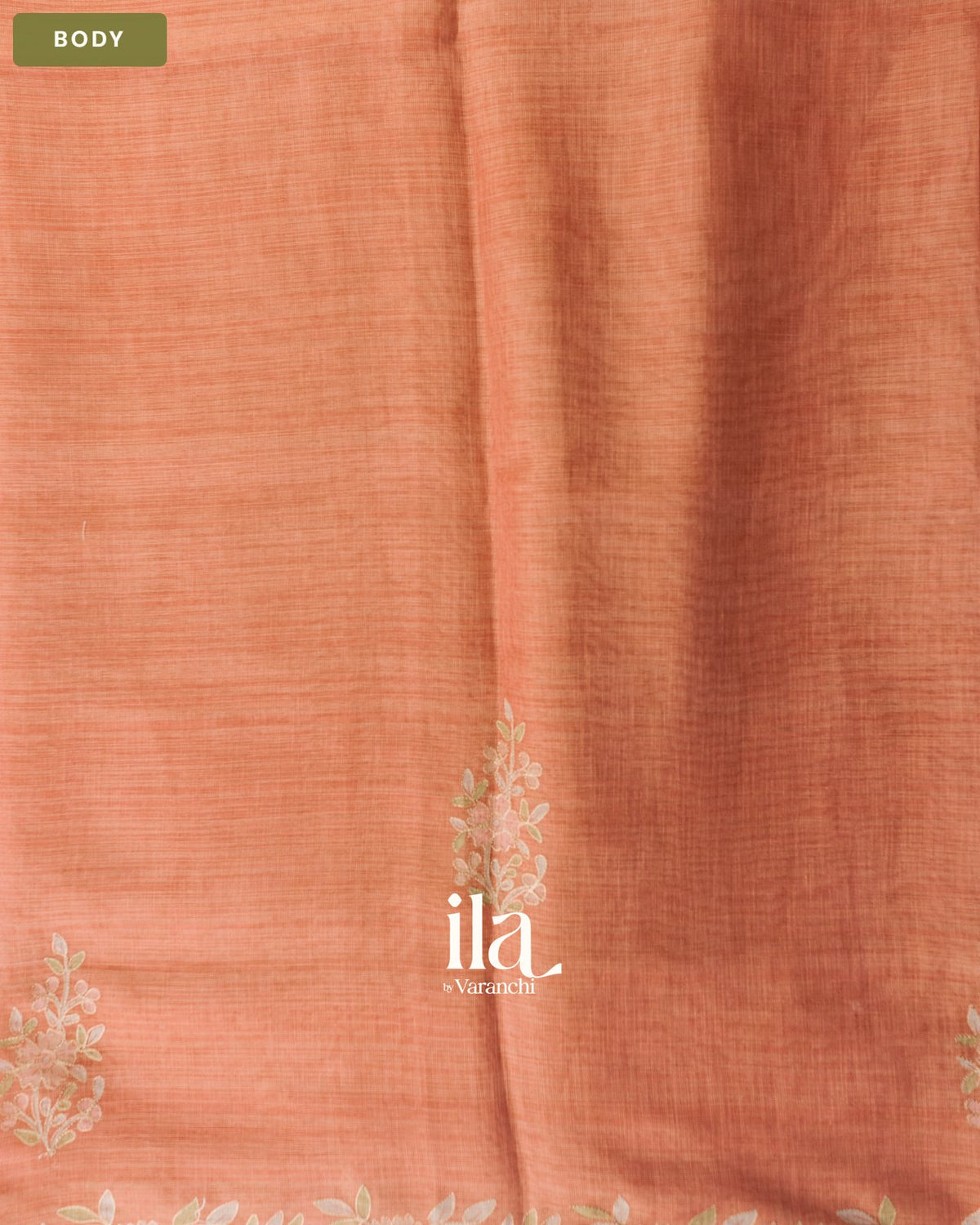Rust Orange Floral Jaal Aari Work Semi Linen Tissue Saree — Body