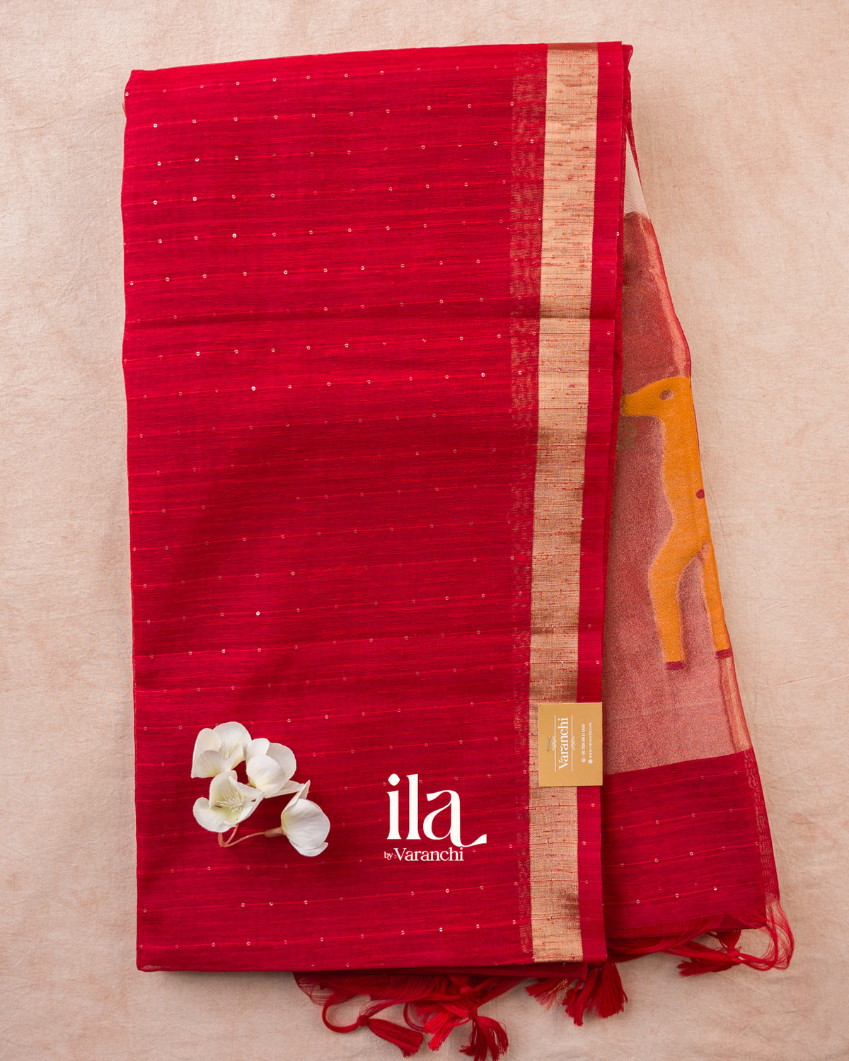 Crimson Red Jamdani Sequin with Paithani Pallu Semi Matka Saree — Full Saree