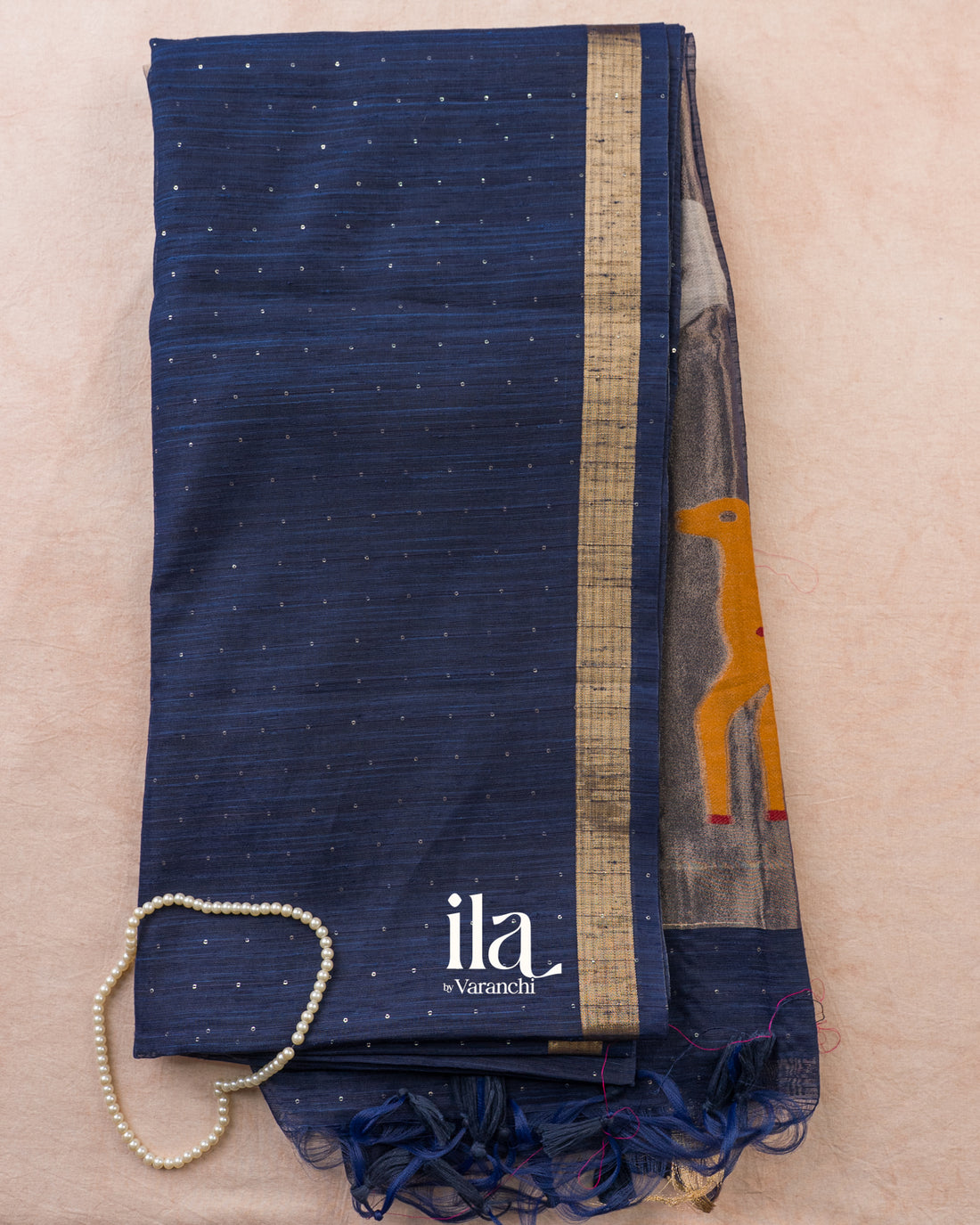 Navy Blue Jamdani Sequin with Paithani Pallu Semi Matka Saree — Full Saree