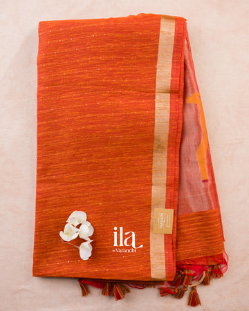 Rust Orange Jamdani Sequin with Paithani Pallu Semi Matka Saree — Full Saree