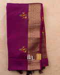 Wine Purple Floral Embroidered Dola Silk Saree — Full Saree