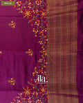 Wine Purple Floral Embroidered Dola Silk Saree — Pallu
