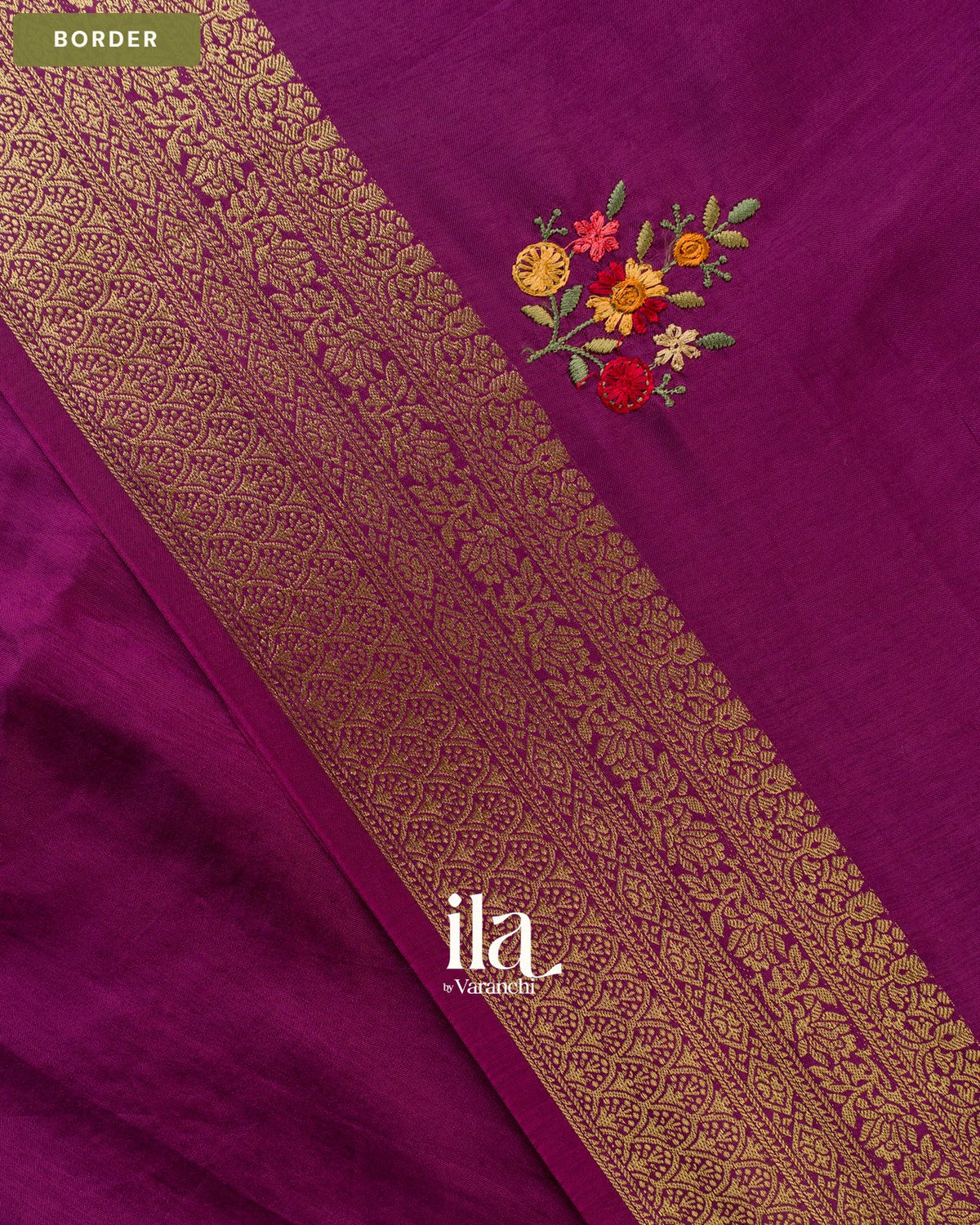 Wine Purple Floral Embroidered Dola Silk Saree — Border