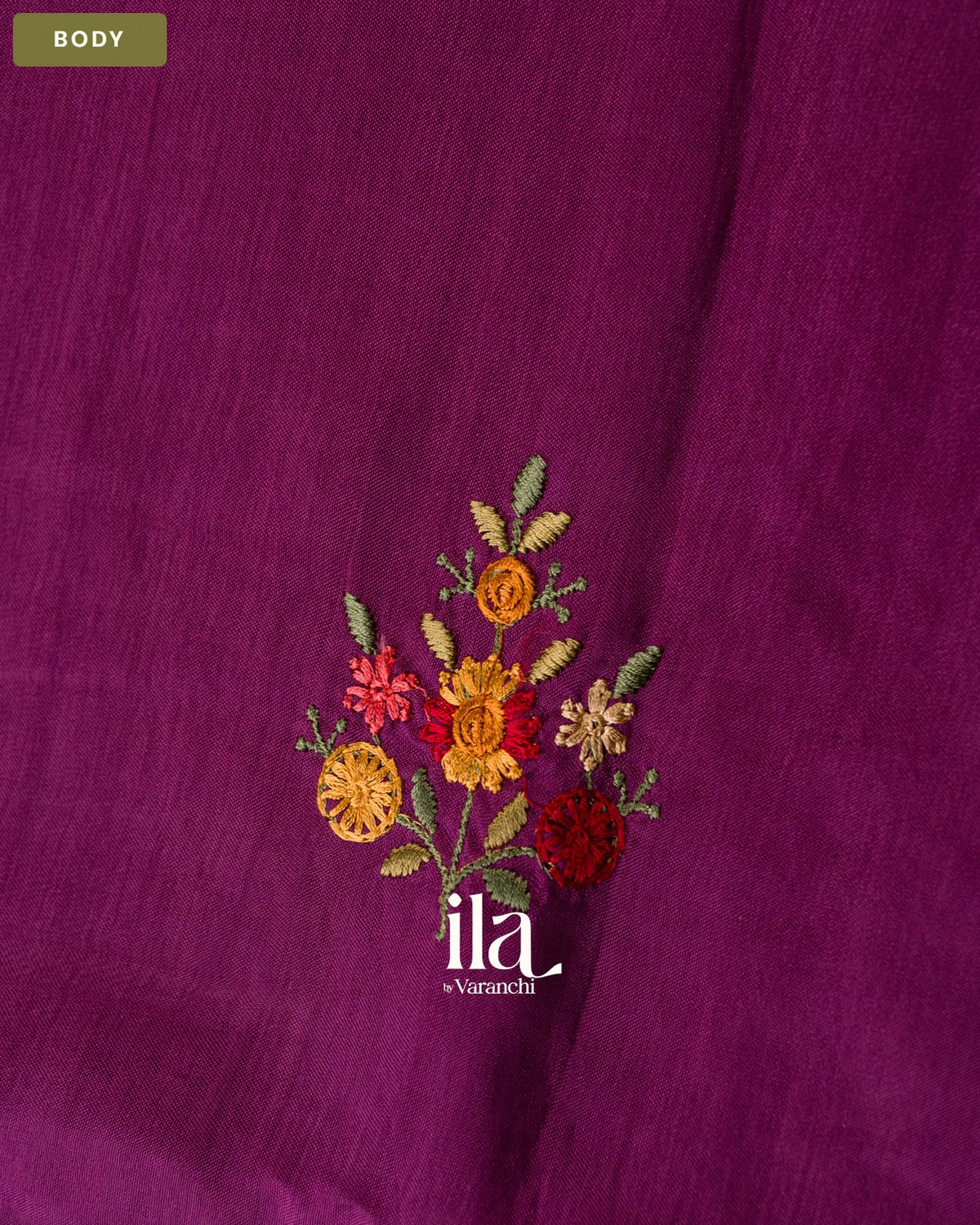 Wine Purple Floral Embroidered Dola Silk Saree — Body