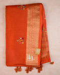 Rust Orange Floral Embroidery Dola Silk Saree — Full Saree