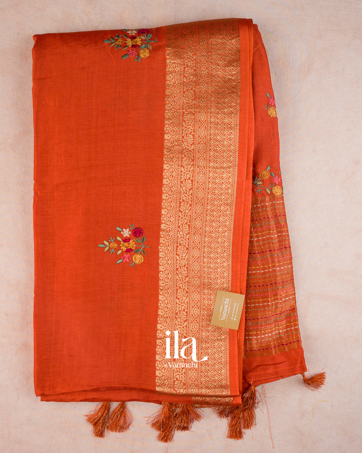 Rust Orange Floral Embroidery Dola Silk Saree — Full Saree