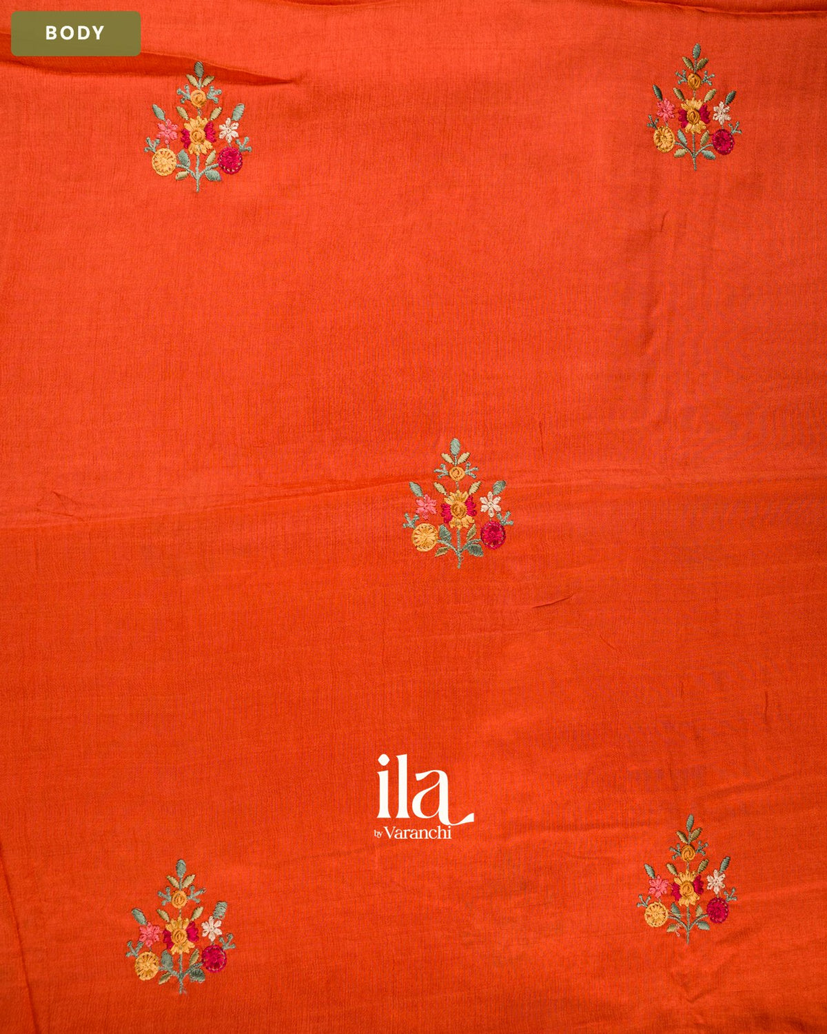 Rust Orange Floral Embroidery Dola Silk Saree — Body