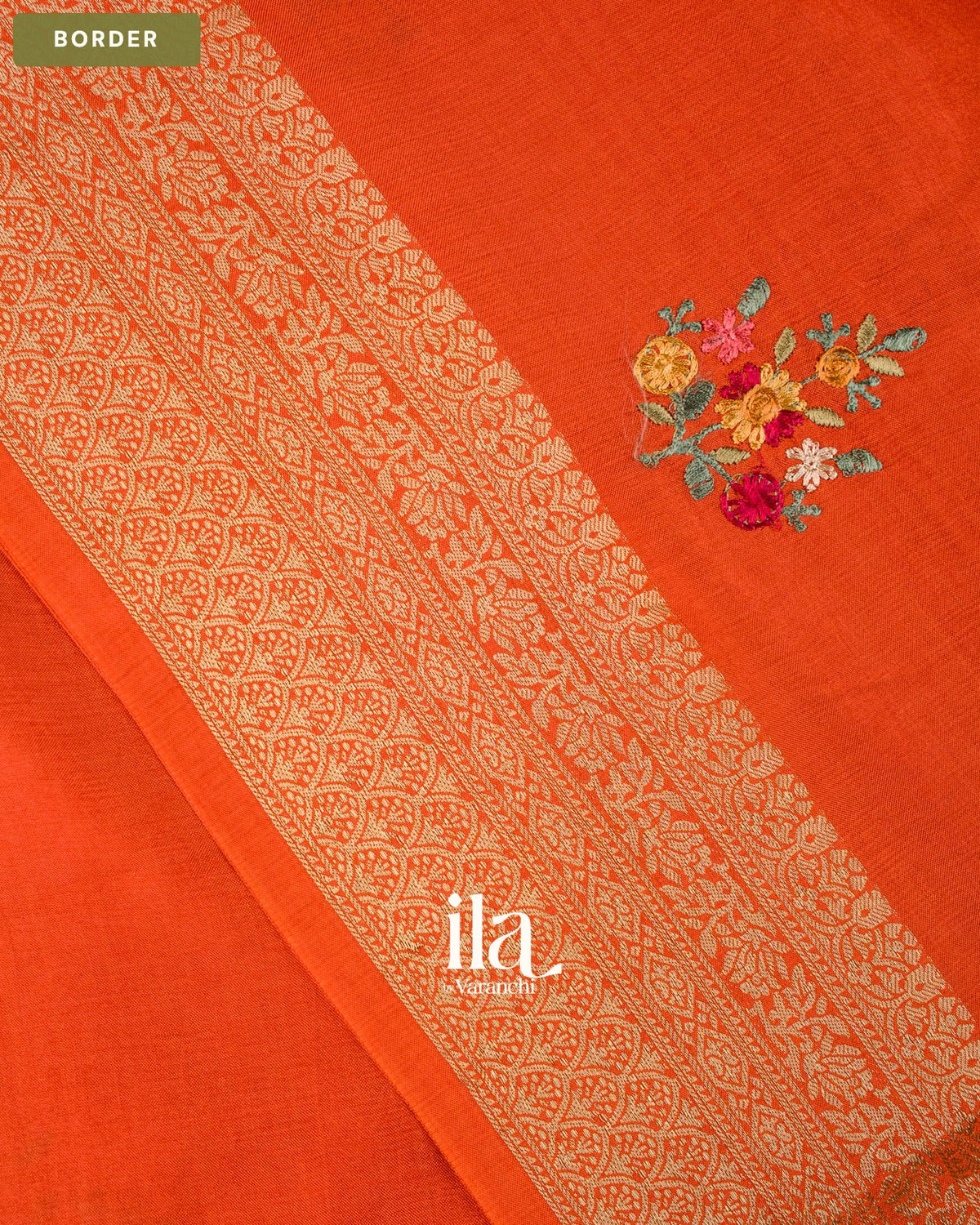 Rust Orange Floral Embroidery Dola Silk Saree — Border