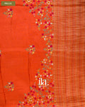 Rust Orange Floral Embroidery Dola Silk Saree — Pallu