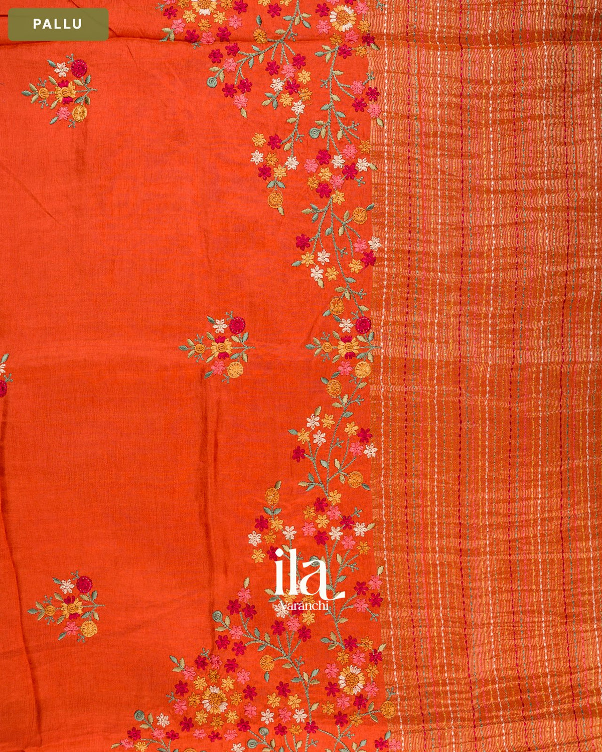 Rust Orange Floral Embroidery Dola Silk Saree — Pallu