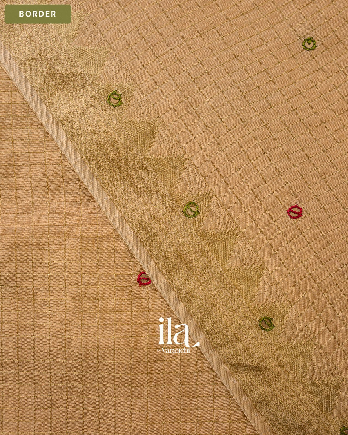 Beige Checkered Dola Silk Saree — Border