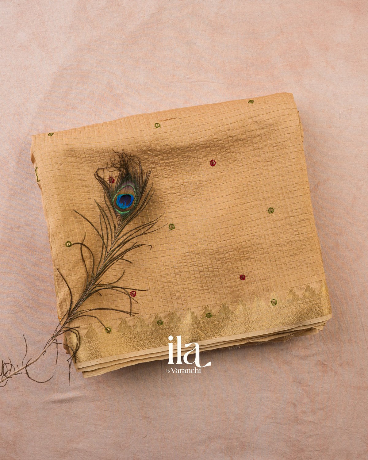 Beige Checkered Dola Silk Saree — Folded