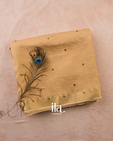 Beige Checkered Dola Silk Saree — Folded