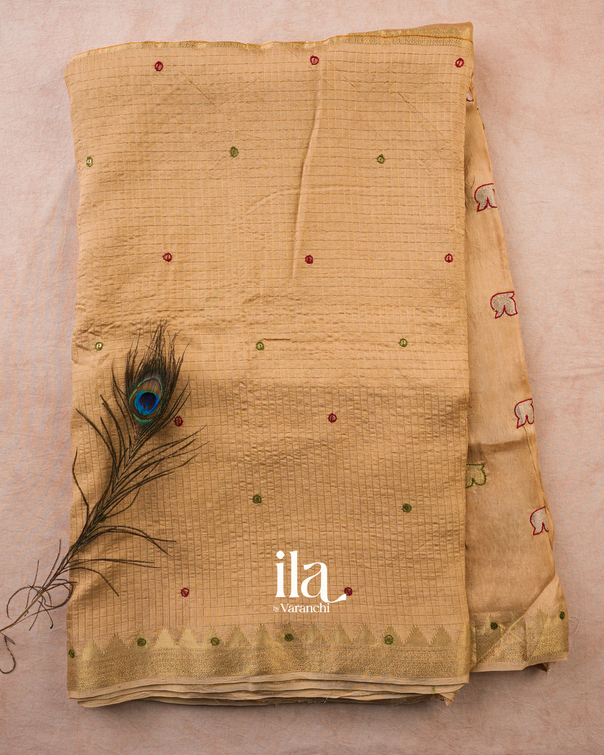 Beige Checkered Dola Silk Saree — Full Saree