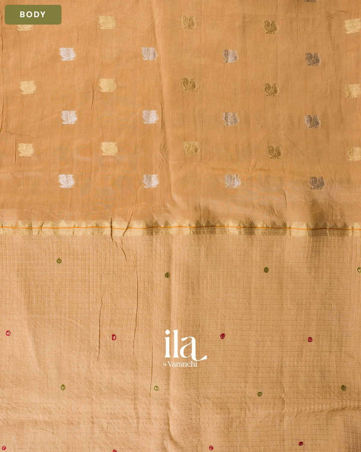Beige Checkered Dola Silk Saree — Body