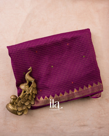 Purple Wine Checkered Dola Silk Saree — Folded
